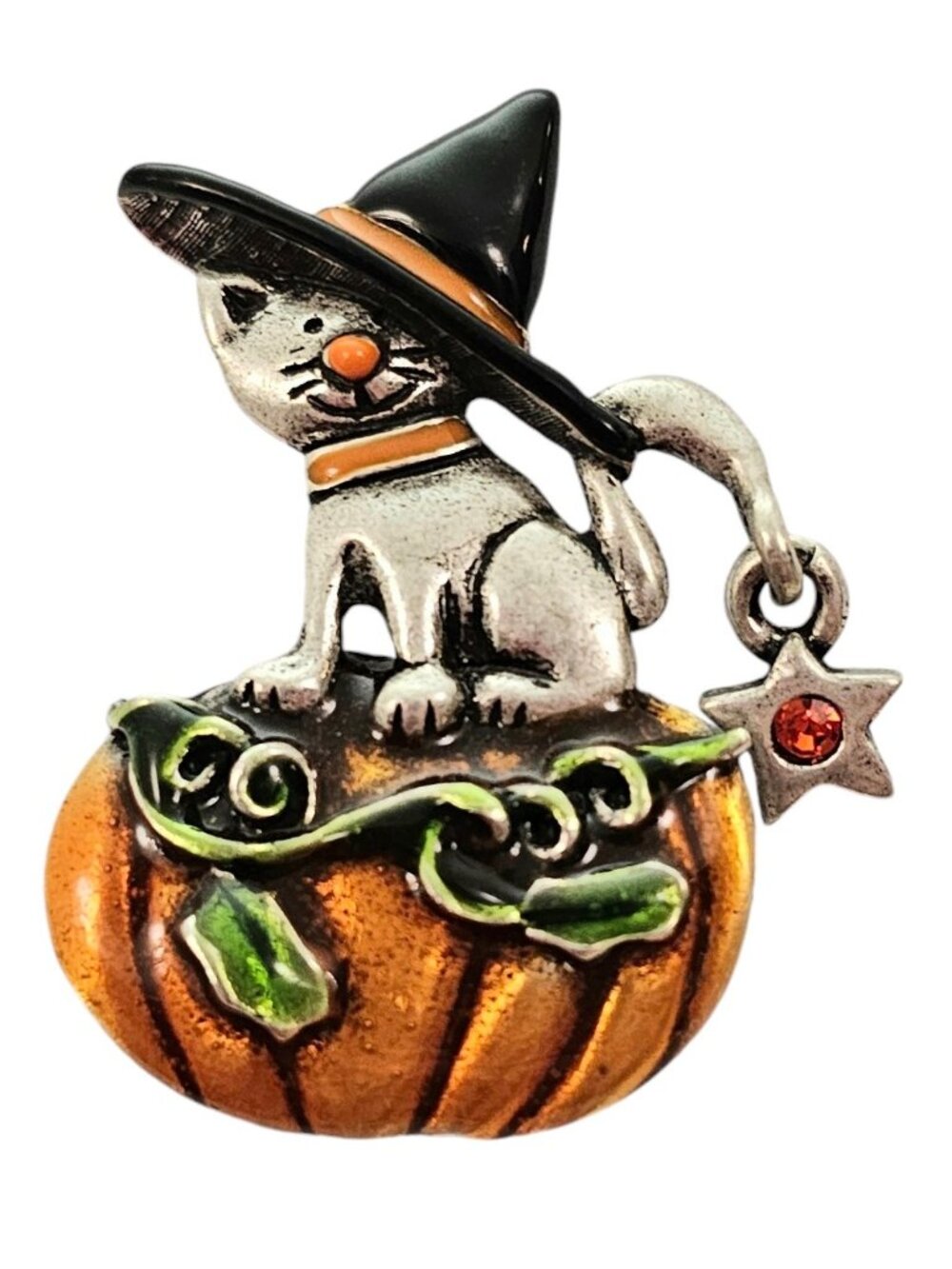 AJMC Witch Cat On Pumpkin Enamel Brooch, Star Dangle Charm Pin, Signed L444